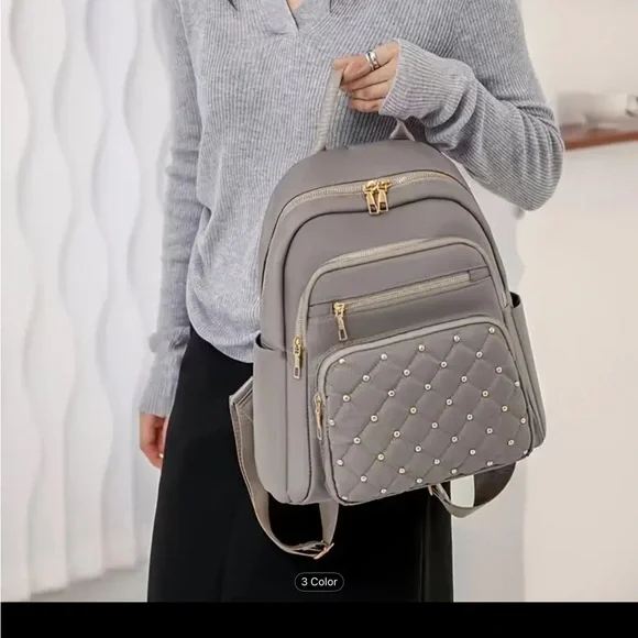 New, Taupe Nylon Quilted Backpack with beading. - Picture 1 of 5